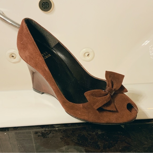 Stuart Weitzman Brown Suede Peep Toe Wedge Marble Heel Bow Tie Accent sz 4.5 - Picture 9 of 16